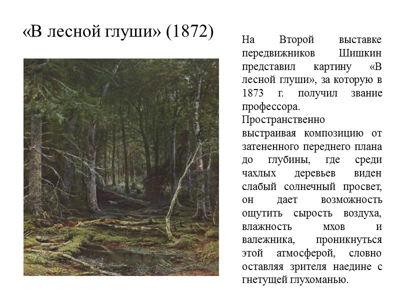 «В лесной глуши» (1872) На Второй выставке передвижников Шишкин представил картину «В лесной глуши»,